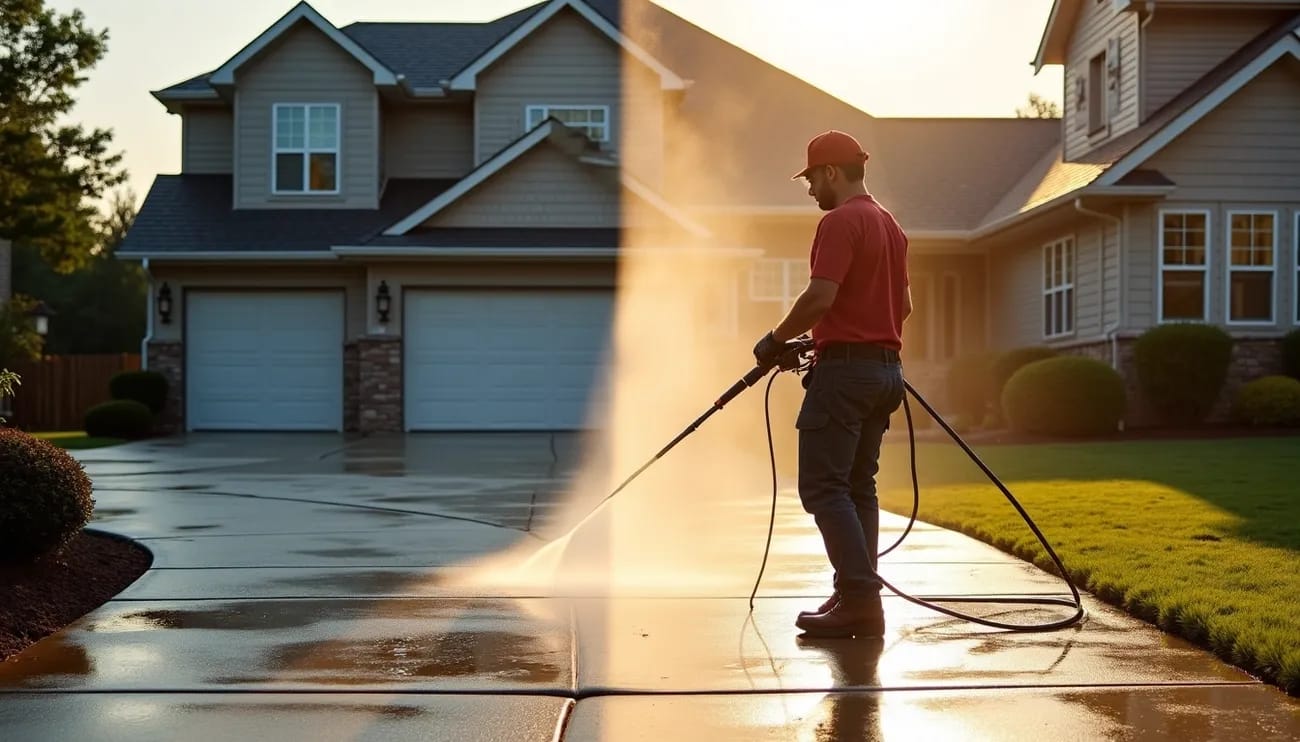 How to Find the Best Power Washing Services Near You: The Ultimate Guide 1 Professional power washing a residential driveway, showing a clear difference between cleaned and dirty surfaces at sunset.