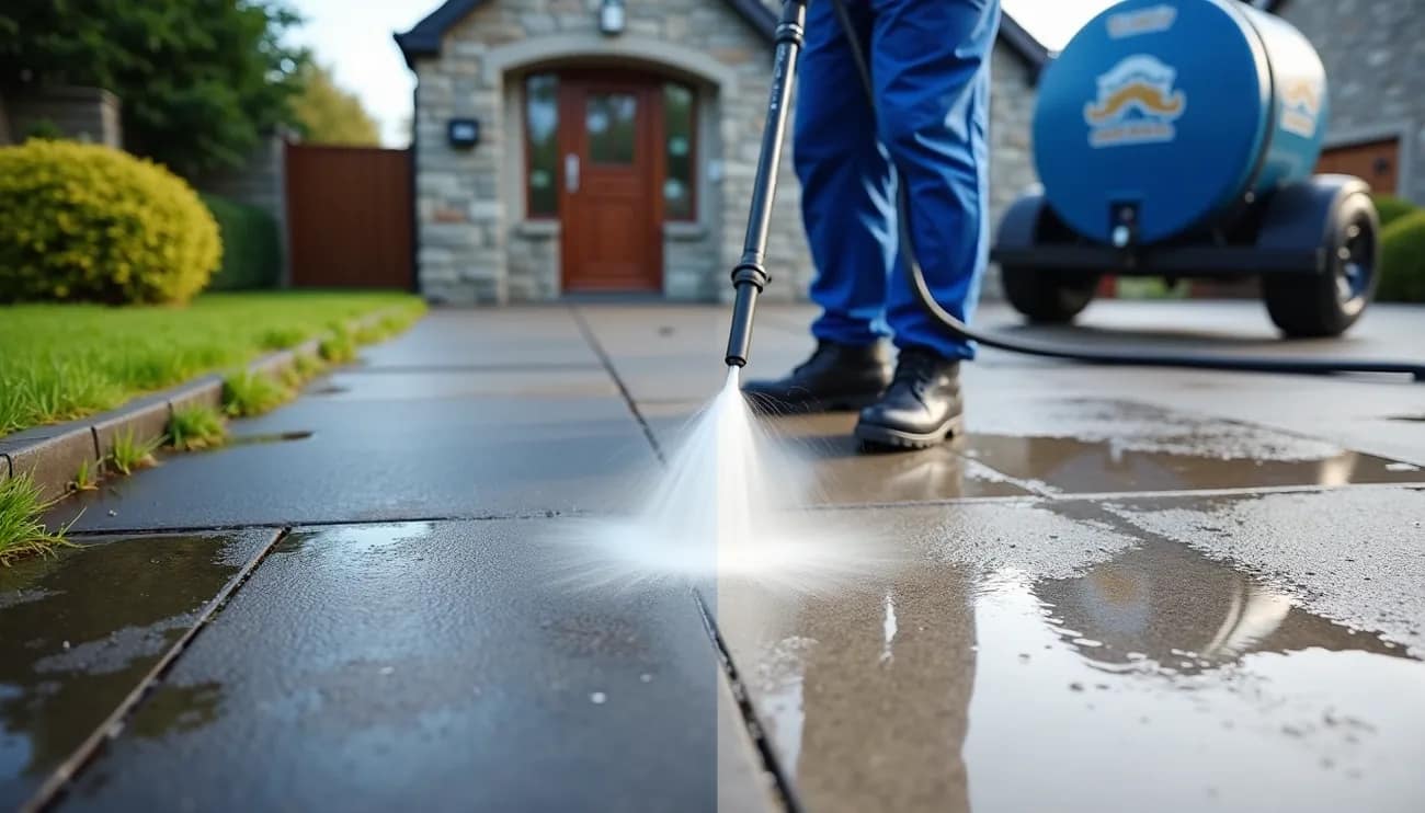 Professional Power Washing Services: What to Expect & Average Costs 1 Professional power washer cleaning a stone driveway in front of a house with visible before and after results.